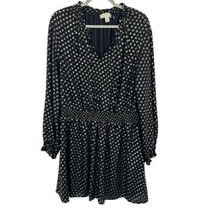 MICHAEL KORS Black Gold Polka Dot Smocked Waist V Neck Long‎ Sleeve Dress XL
